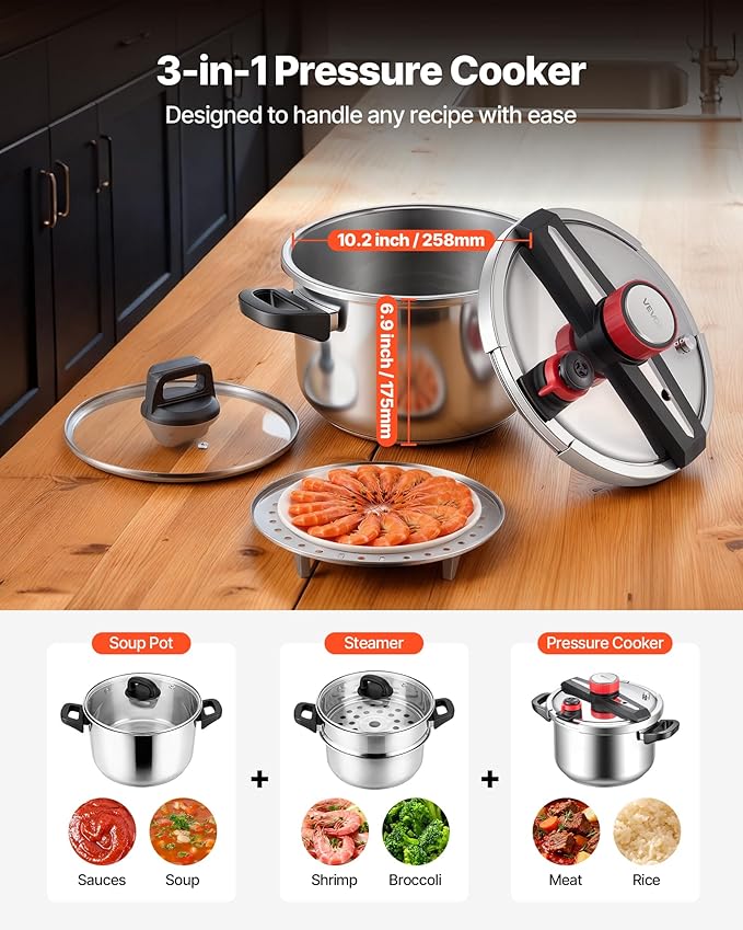 VEVOR Pressure Cooker, 10Qt Pressure Cooker Stainless Steel, Pressures Canner with Steaming Rack, Tempered Glass Lid, Three Pressures Settings for Meat, Beans, Rice, Soup, Sauces, Cook up to 100 kPa