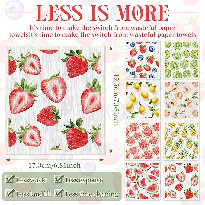 Tegeme 8 Pcs Fruit Swedish Dishcloth Kitchen Swedish Dish Towels Absorbent Cotton Reusable Strawberry Lemon Pineapple Watermelon Kitchen Towels for Summer Home Party Housewarming Cleaning, 6.8 x 7.7''