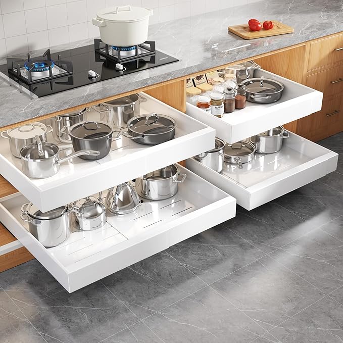 Seinloes 4 Pack Expandable Width (15.15"-26.3") Pull Out Cabinet Organizer 21" Deep with Raising Pad for Framed Cabinets, Upgrade 3 Slide Rails Slide Out Drawers, Roll Out Shelves Adhesive, White