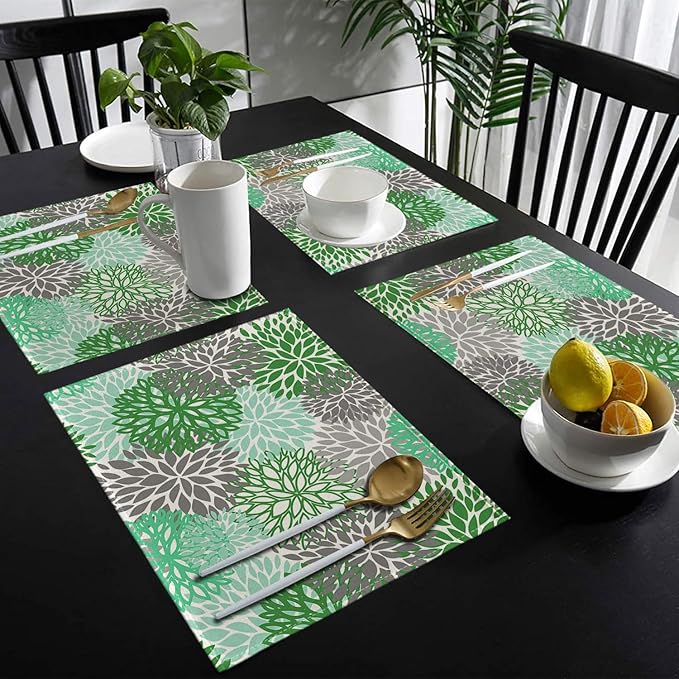 Ansouyi Placemats Set of 6, Green and Gray Dahlia Flower Washable Heat Resistant Linen Table Mats, Kitchen Decor Non-Slip Place Mats for Party Dining, 12x18 Inch