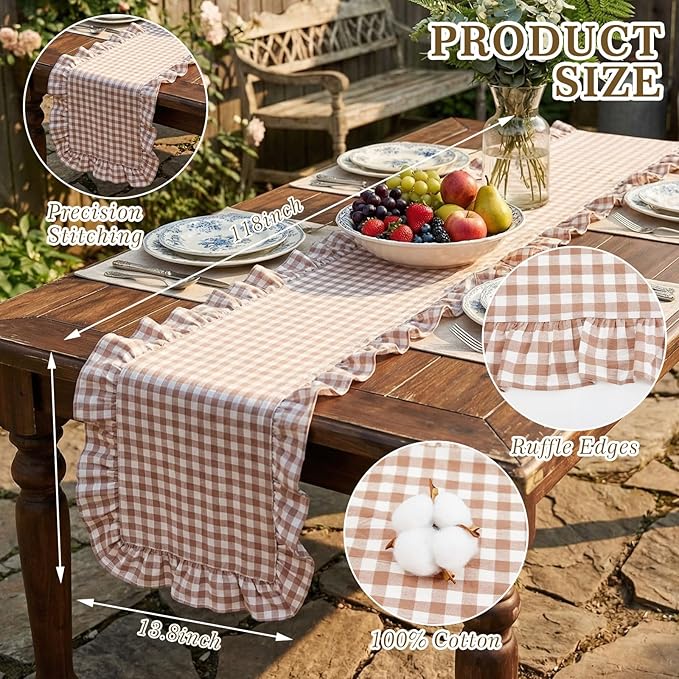 HunnmingRe 1 Pcs Brown Plaid Gingham Ruffle Table Runner 118 x 13.8'' Farmhouse Table Runner 100% Cotton Scalloped Long Dresser Scarves for Dining Room, Wedding, Kitchen Rustic Home Decor