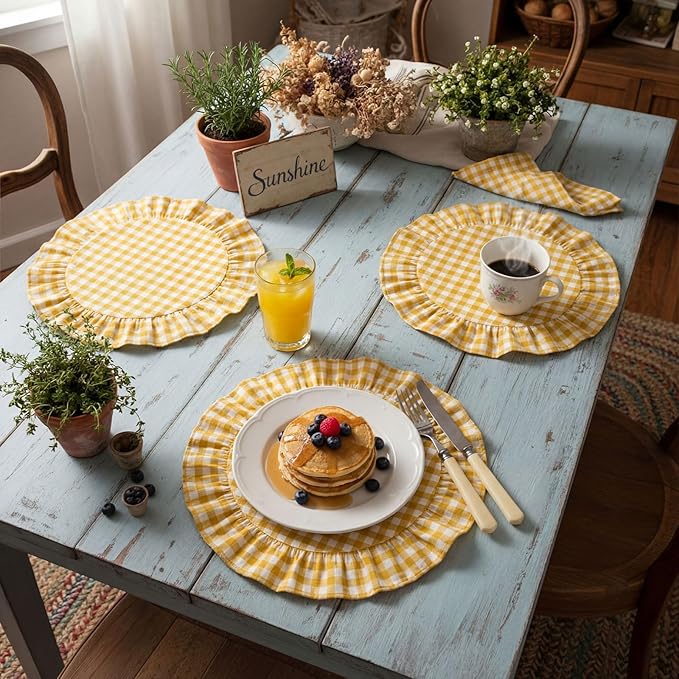 4 Pcs 15 Inch 100% Cotton Scalloped Round Placemats, Thin Yellow Gingham Place Mats with Ruffle, Washable Placemats Table Mats for Kitchen Dining Holiday Gatherings Decor