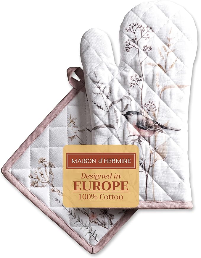 Maison d' Hermine 100% Cotton Oven Mitt & Pot Holder Set (7.5"x13" & 8"x8") Heat Resistant BBQ Cooking Gloves with Loop Baking Kitchen Gifts for Mothers Day Spring/Summer (Meadow Florals - Brown)