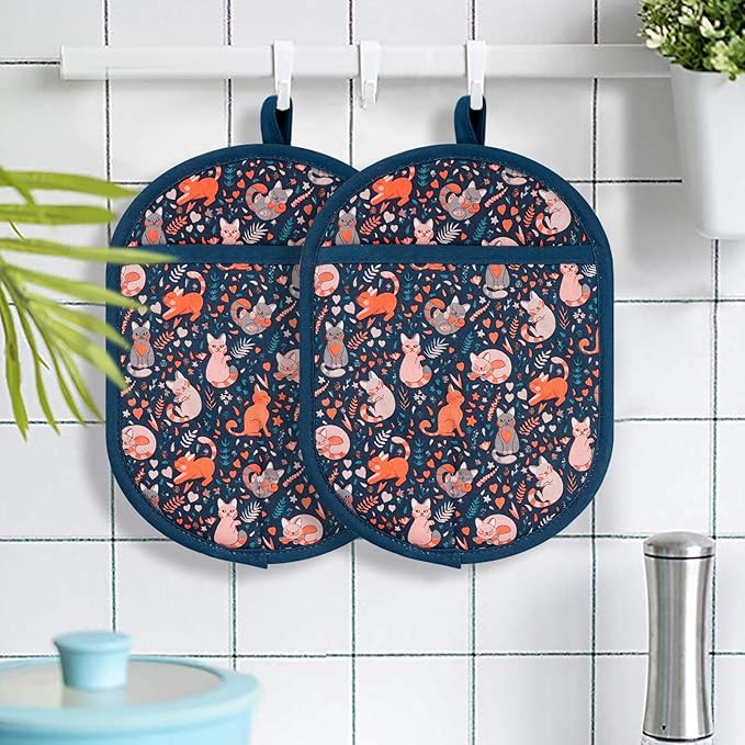 Pot Holders Set of 2 with Transparent Clear Silicone Shell and Nice Cat Flower Cotton Lining, Heat Resistant to 500 F Kitchen Oven Gloves Pot Holder for Cooking (Navy, Cat, Potholders)