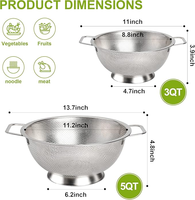 Gulex Colander Stainless Steel 5-Quart, Strainer for Kitchen Food, Dishwasher Safe