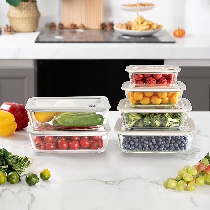 Glass Food Containers with Glass Lid, Microwave Safe Food Storage Container Set, 4 Pack, Airtight Storage Set with Leak Proof Lids, Meal Prep Containers