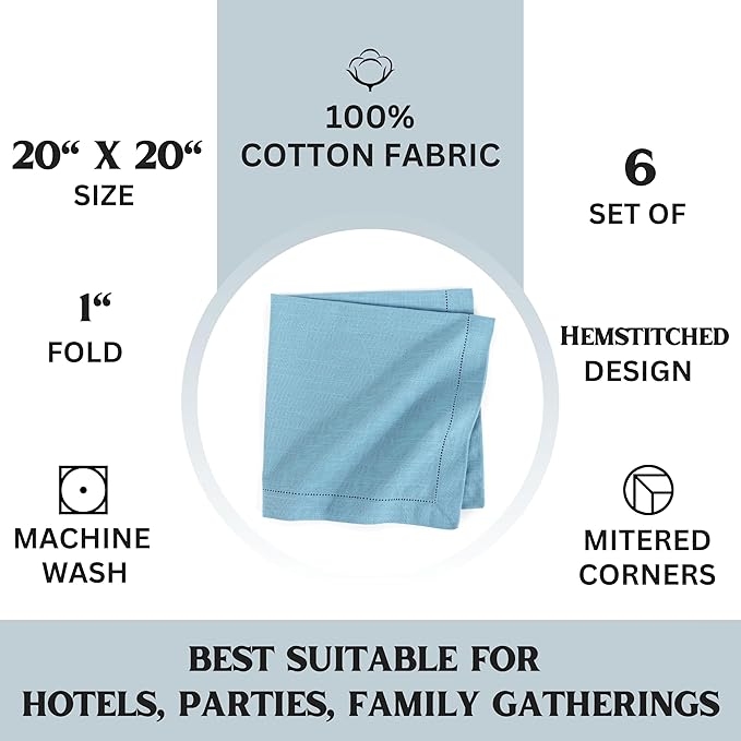 FINGERCRAFT Cloth Napkins, Hemstitched Napkins Cloth, 20 x 20 Inch Generous Picot Hem and Mitered Corner, Everyday Use Premium Quality Perfect for Parties Dinners Weddings Cocktail Set of 6 Aqua