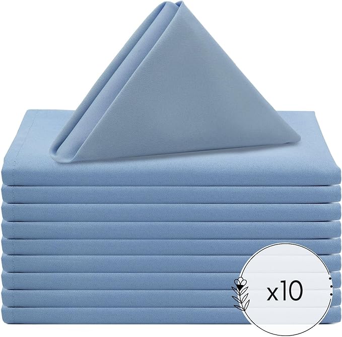Your Chair Covers - 10 Pack 20 Inch Light Blue Cloth Polyester Napkins – Washable Dinner Fabric Napkins with Hemmed Edges for Weddings, Restaurants & Special Events