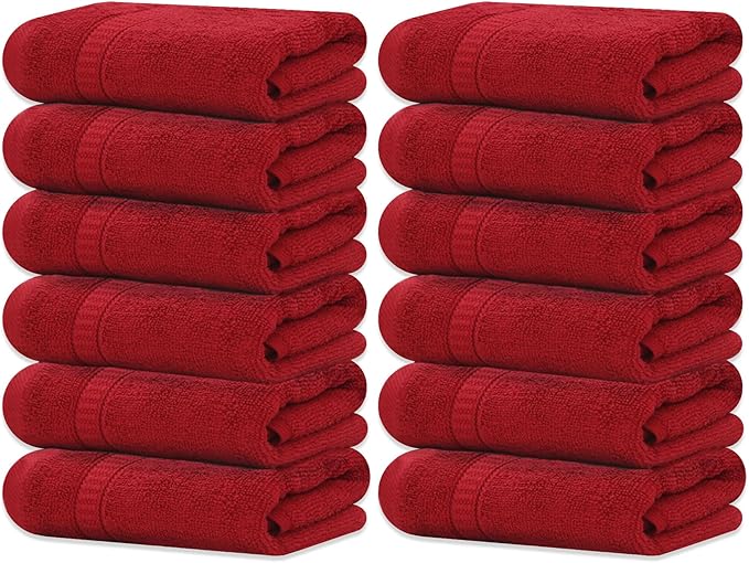 GOLD TEXTILES Luxury Wash Cloths Set of 12, Red (13x13 Inches) 100% Ring Spun Cotton, Premium Feel with High Absorbancy Ideal Washcloths for Bathroom,Salon, Spa and Gym