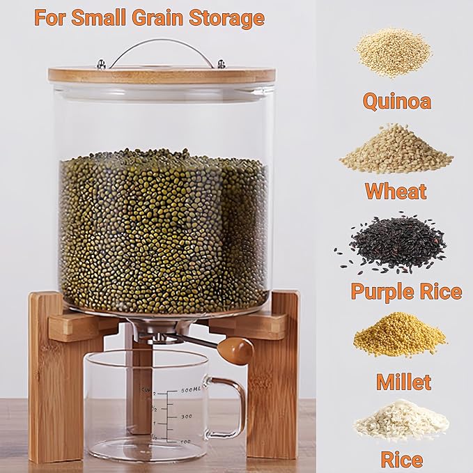 Tlence 5L Glass Rice Dispenser, Cereal Container with Bamboo Stand, Large Airtight Food Storage Bin, Rice Organization Tank with Measuring Cup for Grain Coffee Beans Dry Food
