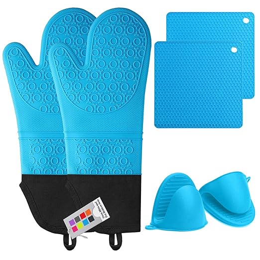 Silicone Oven Mitts and Pot Holders Set, MTZRFLL Extra Long Heat Resistant Oven Gloves with Hot Pads and Mini Oven Mittens for Grilling, Kitchen Cooking Baking, Soft Quilted Lining, Pack of 6 (Blue)