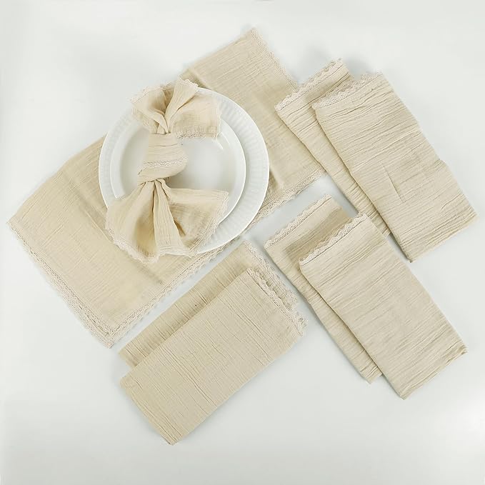 FINGERCRAFT Dinner Cloth Napkin Cotton Muslin Double Gauze 12 Pack with Classic Lace for Everyday Use, Wedding, Party, Christmas, Easter Napkins Cloth are Pre Shrunk and Good Absorbency Beige