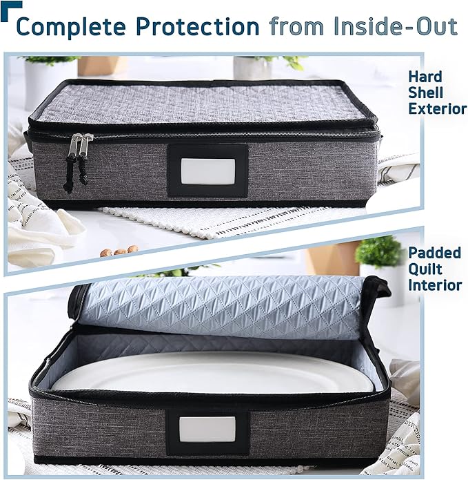 Platter Storage Case – Fine China Storage Containers Hard Shell, Quilted and Stackable 16”x 12.5”x 3.5” Platter Storage Container with Handles and Felt Dividers for Moving and Seasonal Storage, Grey