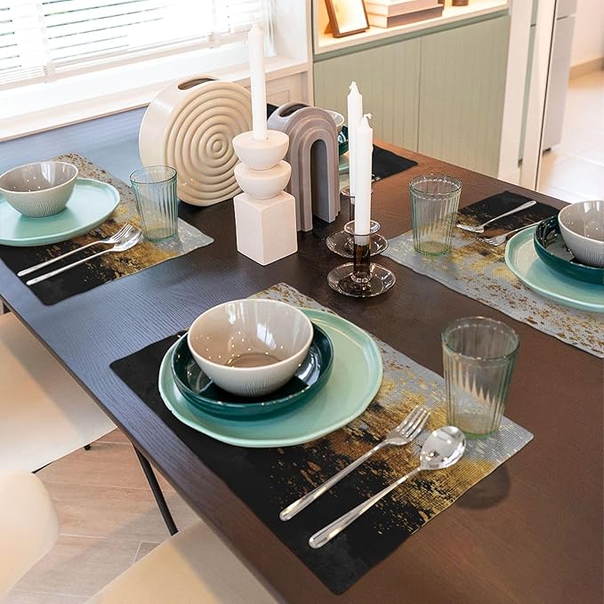 Black Gold Abstract Art Linen Placemats Set of 4, Heat Resistant Non Slip Modern Table Mats for Dining Table Kitchen Coffee Shop Wedding Party, Artistic Home Decor & Gift for Design Luxury Lovers
