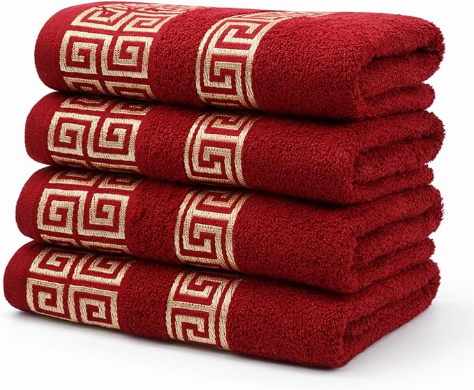Luxury 4 Piece Hand Towel Set with Greek Key Design - 100% Cotton Soft & Absorbent Bathroom 19x35 in Large Towels - Quick Dry Burgundy Hand Towels for Spa, Hotel & Home Use BB3