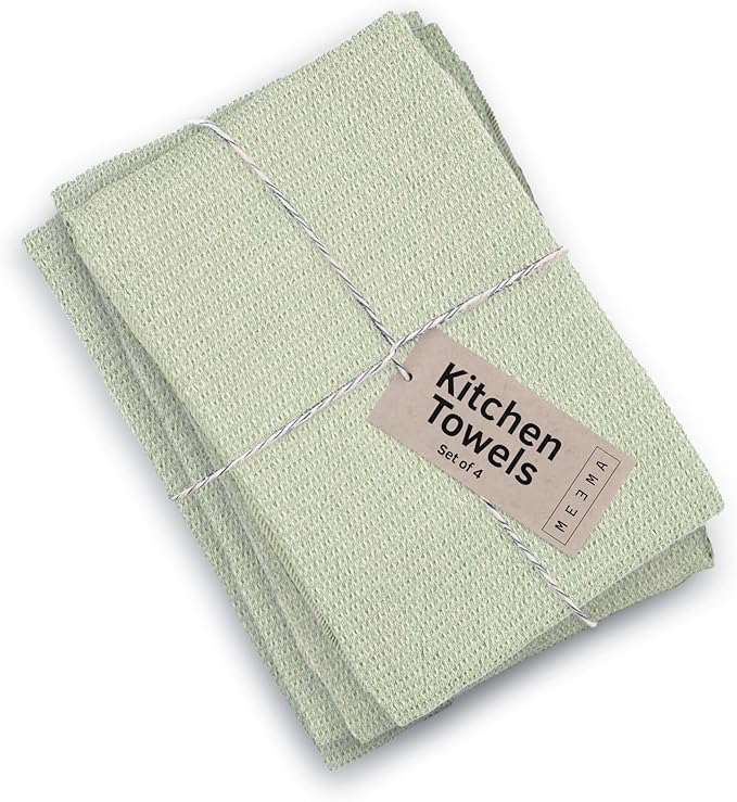 MEEMA Upcycled Spring Kitchen Towels Cotton Fabric | Super Absorbent Hand Towels with Hanging Loop | Cleaning Rags and Dish Towels for Kitchen | Sage Green | Large 18 x 28 Inch | 4-Pack