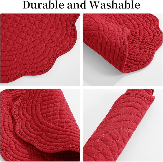 HOMBYS Quilted Placemats Set of 6 Washable Round Placemats for Kitchen Table-100% Cotton Fabric 14 Inch Round Table Mats, Cotton Fabric with Microfiber Filling, (14"x14", Red)