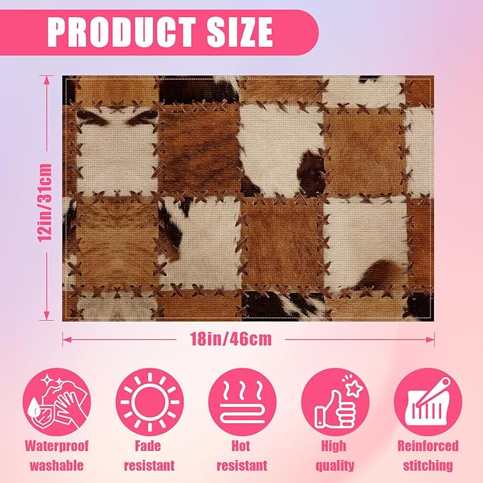 Brown Cowhide Print Placemats Set of 6,12x18 Inch Cow Skin Linen Place Mat Washable Stain Resistant Table Mats for Spring Summer Seasonal Farmhouse Kitchen Party Home Decor