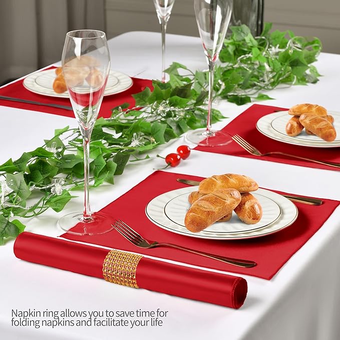 100 Pack Red Satin Napkins and Napkin Rings Set,12 x 12 Inch Silky Soft Cloth Napkins Set of 50,Square Satin Dinner Table Napkins Bulk for Wedding Banquet Restaurant Graduation Party Decoration
