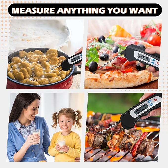 Xuhal 12 Pcs Digital Meat Thermometer with Probe Waterproof Instant Read Foldable Food Thermometer with Magnet for Kitchen Grilling Cooking Turkey Baking BBQ (Black)