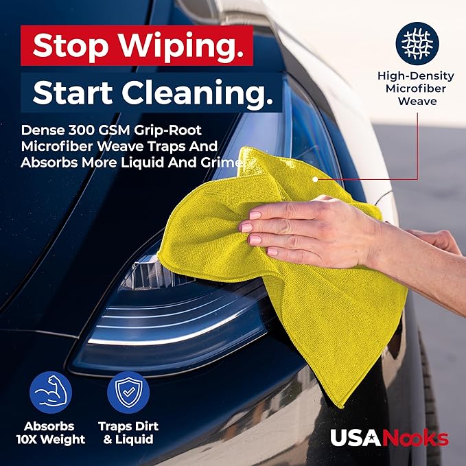 USANOOKS Microfiber Cleaning Cloth Yellow - 24 Pcs 12.5"x12.5" - High Performance - 1200 Washes, Ultra Absorbent Towels Weave Grime & Liquid for Streak-Free Mirror Shine - Car Washing Cloth
