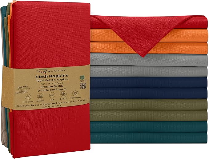 Ruvanti Cloth Napkins Set of 12, 100% Cotton High GSM 18x18 Inches Soft, Washable, Highly Durable & Absorbent, Perfect for Parties, Christmas, Thanksgiving Dinners – Multi Color