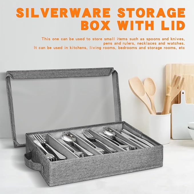 Grekos Flatware Utensil Storage Case, Silverware Storage Box with 4 Adjustable Dividers and Removable Lid, Cutlery Case Utensil with 5 Compartment Storage for Spoon Fork Knives Tableware (Gray)