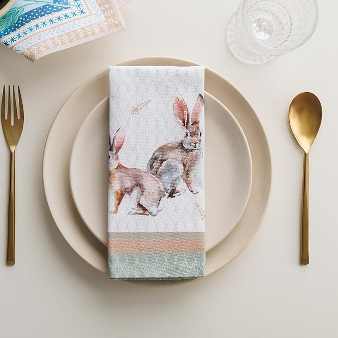 Maison d' Hermine Cloth Napkins Set of 4 100% Cotton Everyday Reusable Square Napkins Cloth Washable Dinner Wedding Restaurant Gifts for Mothers Day Spring/Summer (Rabbits At Dawn, 18" x 18")