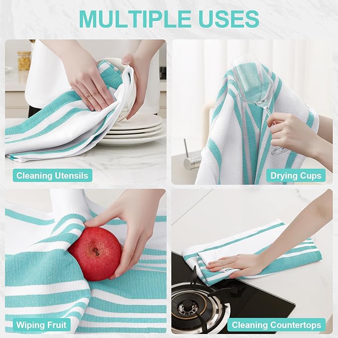 Homaxy Premium Kitchen Towels 18”x 28”, Large Cotton 380 GSM Kitchen Hand Towels, Stripe and Terry Dish Towel, Highly Absorbent Tea Towel Set with Hanging Loop, 6 Pack, Teal