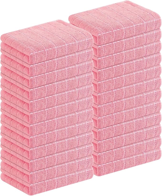 Homaxy 100% Cotton Terry Kitchen Towels(Pink, 13 x 28 inches), Checkered Designed, Soft and Super Absorbent Dish Towels, 24 Pack