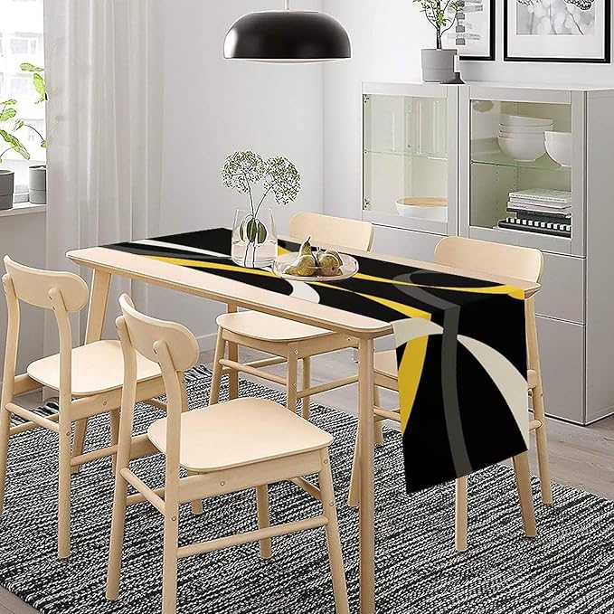 Abstract Yellow Geometric Table Runner Grey and White Striped Black Background Modern Kitchen Dinner Runner for Indoor Home Living Room Party Dining Table Decoration 13"x72"