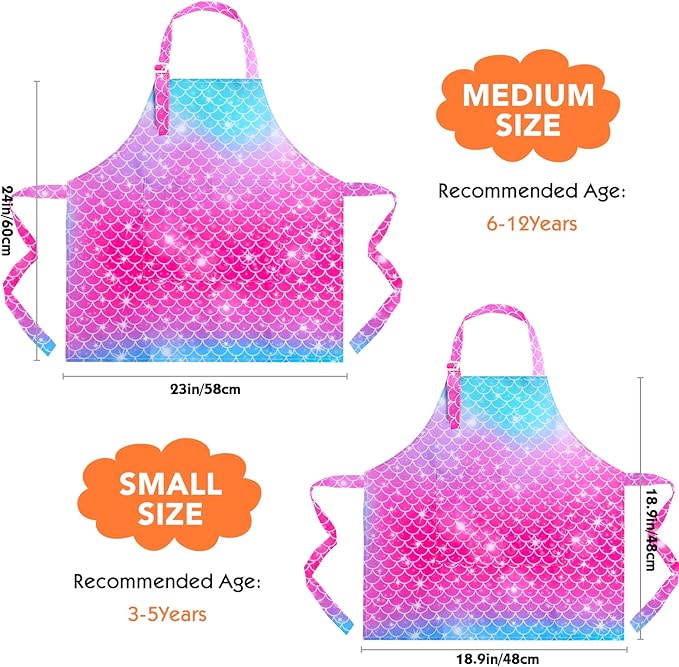 PASHOP 2 Pack Kids Apron Mermaid Toddler Apron With Pockets for Kids Girls Boys Cooking Baking Painting
