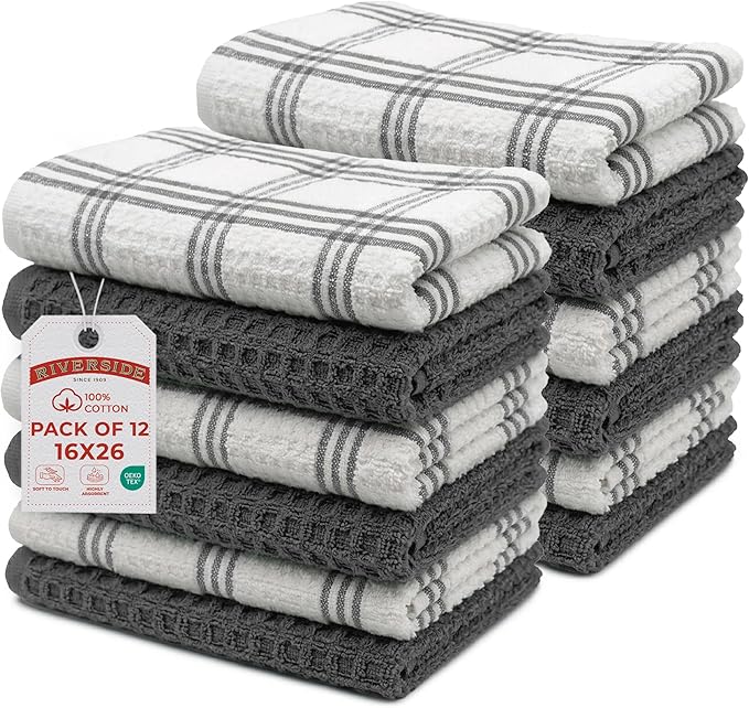 RIVERSIDE Pack of 12 Premium Kitchen Towels 16 x 26 Inches, 100% Cotton Kitchen Hand Towels, Super Soft and Highly Absorbent Dish Towels for Kitchen (Grey)
