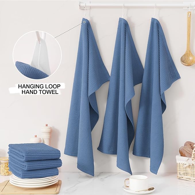 Homaxy Premium Kitchen Towels (18"x 28", 8 Pack), Large 100% Cotton Kitchen Hand Towels, Ultra Absorbent Ribbed Terry Tea Towels Set with Hanging Loop, Black