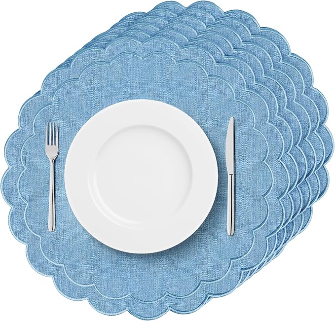 Set of 6 Blue Cotton Linen Placemats, 15x15 Scalloped Flower Embroidery Cloth Table Mats Double Layered Fabric Machine Washable Wrinkle Free Dining Placemat for Hotel Restaurant Kitchen Decor