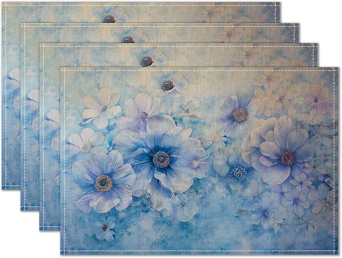 HOMETITUTE Linen Placemats Set of 4 12x18 inch Spring Table Mats for Dining Table Blue Floral Farmhouse Decorations Kitchen Decor Desk Mat for Outdoor Home Party Kitchen Seasonal Dining Decor