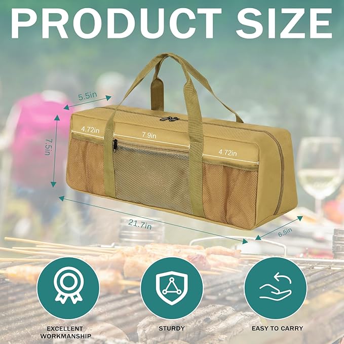 Grill Tool Storage Bag, Large Grill Utensil Storage Caddy with Pockets, BBQ Tools Storage Bag for Outdoor Camping(Brown)