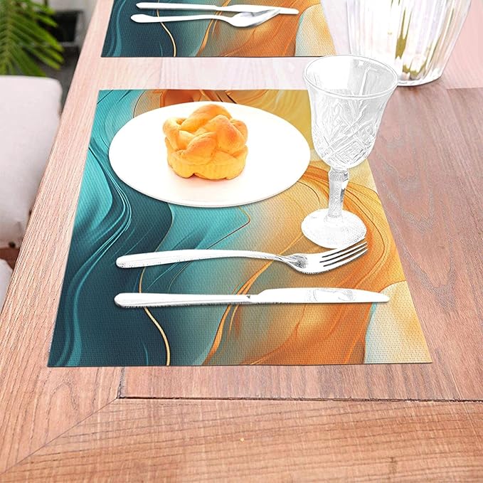 Orange Teal Marble Placemats Set of 4, Washable Non-Slip Heat-Resistant Kitchen Table Mats for Dining Outdoor Holiday Party Home Decor 12"x18", Linen Place Mats