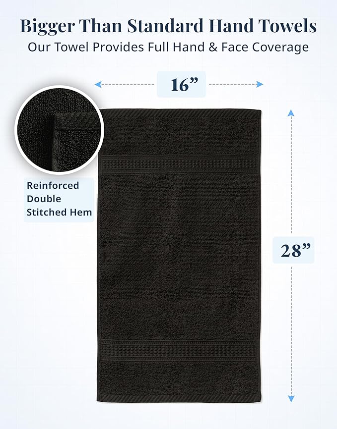 Black Hand Towels for Bathroom - 6 Pack (16"x28"), 100% Ringspun Cotton Hand & Face Towel - Soft, Prevent Fraying, Fade and Shrink Resistant - Daily Use Gym Towels for Men & Family Bathroom Hand Towel