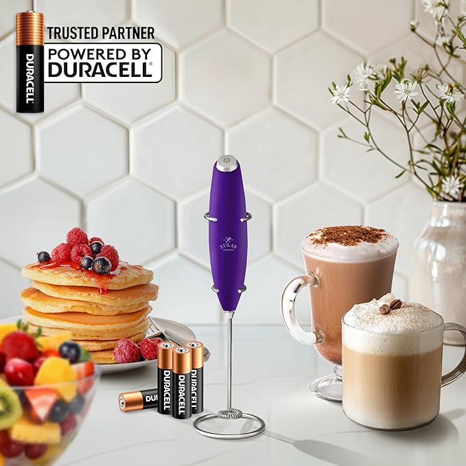 Zulay Kitchen Powerful Milk Frother Wand With 4 AA Duracell Batteries - Ultra Fast Handheld Drink Mixer - Electric Whisk Foam Maker for Coffee, Lattes, Cappuccino, Matcha & Creamer - Grape
