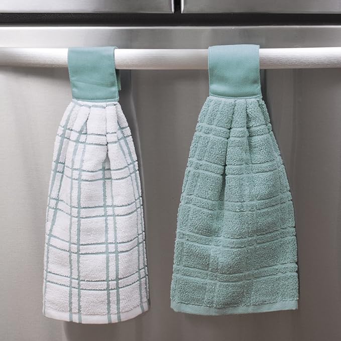 Ritz Premium 100% Cotton Solid and Multi Check Kitchen Tie Towel Absorbent, Super Soft, and Fast Drying Hang Towel, Set of Three, Dew