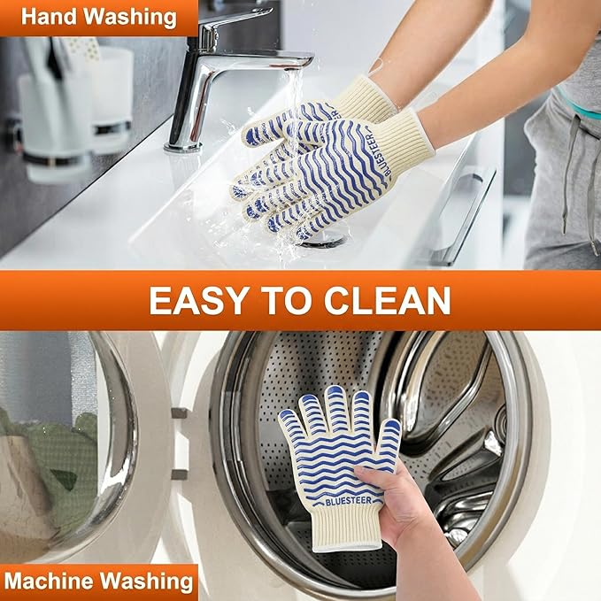 Oven Gloves 932°F Heat Resistant Oven Mitts with Fingers, Heat Proof BBQ Grill Gloves Silicone Grip Fireproof Gloves for Kitchen Cooking Grilling Baking