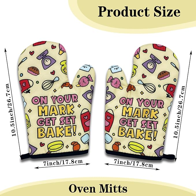 Funny Baking Oven Mitts and Pot Holders Set of 3, On Your Mark Get Set Bake, Heat Resistant Non-Slip Kitchen Mitts Hot Pads, Bake Lovers Gifts, Housewarming Gifts for Women Hostess Mom Wife