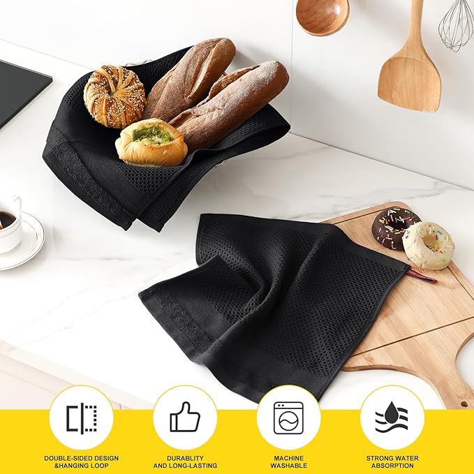 Homaxy Kitchen Towels and Dishcloths Set, 12 x 12 and 13 x 28 Inches, Set of 12 100% Cotton Waffle Weave Kitchen Towels, Super Soft and Absorbent Dish Cloths, Black