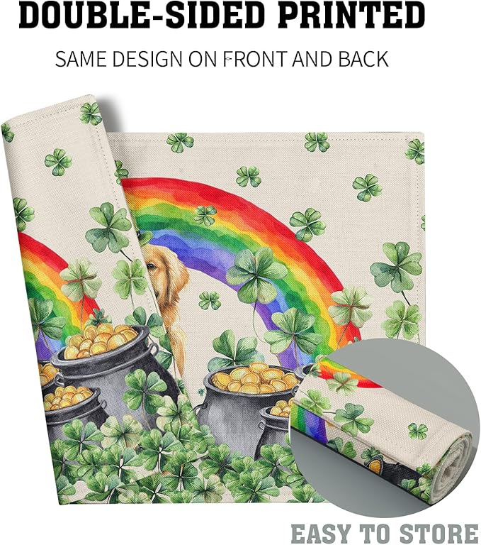 Animal Placemats Set of 4 Lucky Dog St Patrick Linen Table Mats for Kitchen Dining Decor