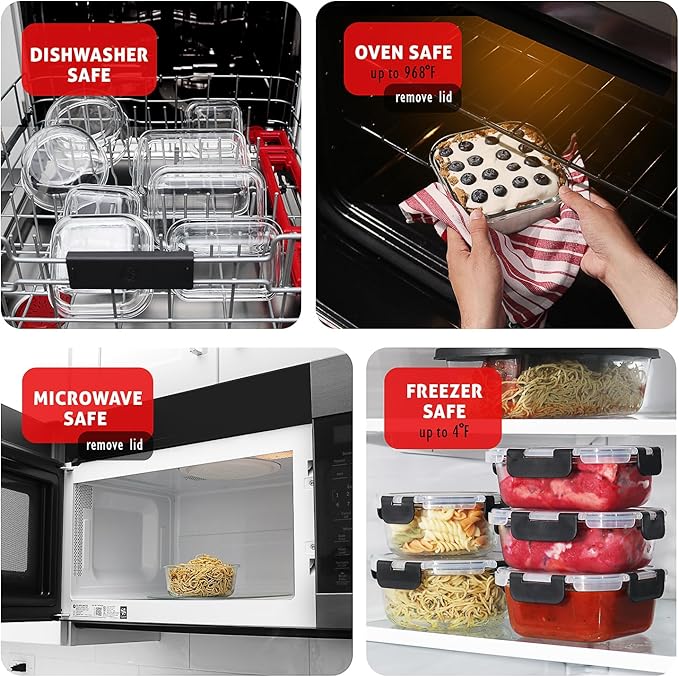 Nestl 24pc (12 Airtight, Freezer Safe Food Storage Containers and 12 Lids), Pantry Kitchen Storage Containers, Glass Meal Prep Container for Lunch, Glass Storage Containers with Lids Black