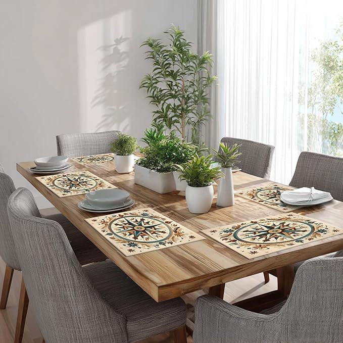Batmerry Compass Rose Placemats, Floral Themed Design Washable Linen Table Mats for Kitchen Table Double Insulation Decor Dining Set Indoor Outdoor 12X18 in Set of 8