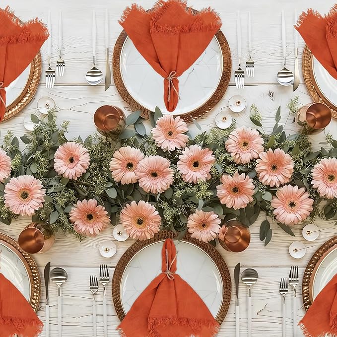 Cotton Blend Fringe Cloth Napkins - Crinkle Gauze Dinner Napkins, Reusable & Washable Table Napkins, 17" x 17" (43 x 43 cm), Multiple Colors, 12/24/48/100 Pack (12, Terracotta)