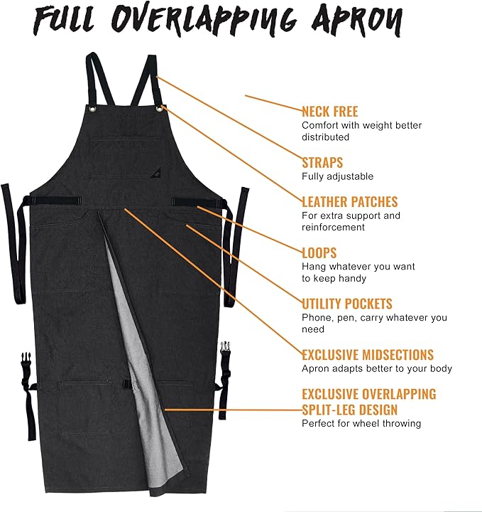 Under NY Sky Pottery Gray Apron – Full Cover Cross-Back, Durable Denim, Leather Reinforcement and Overlapping Split-Leg – Adjustable for Men and Women – Pro Pottery Artist, Mechanic