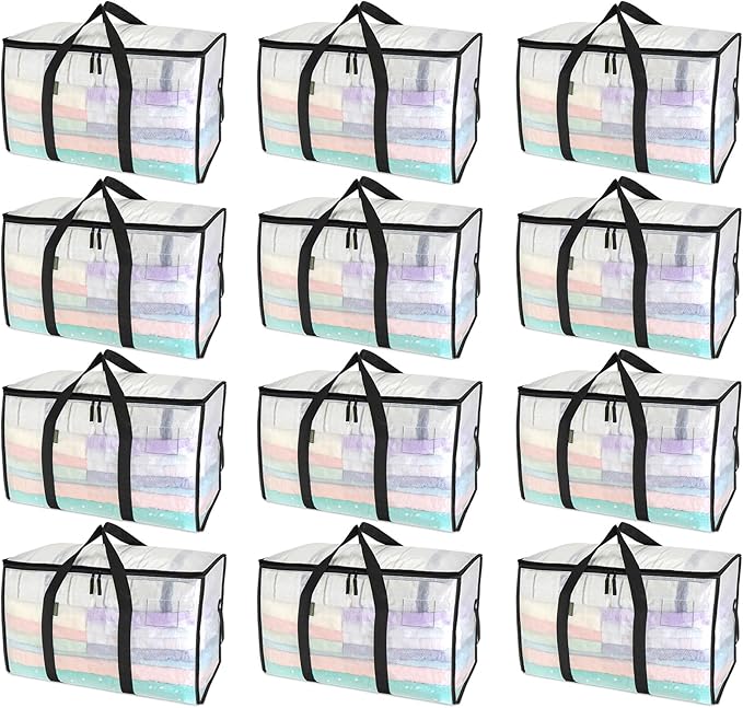 BALEINE 12-Pack Oversized Moving Bags with Reinforced Handles, Heavy-Duty Storage Tote for Clothes, Moving Supplies (Clear, 12-Pack)